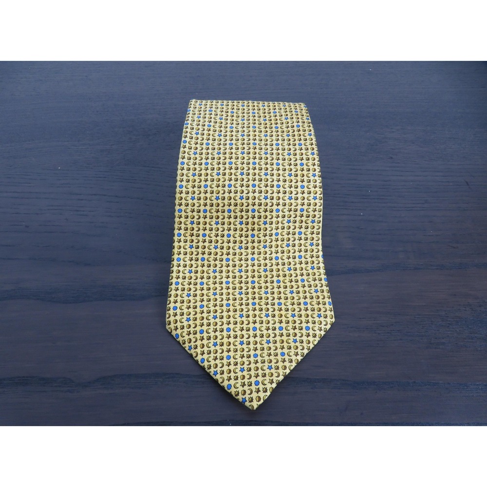 Salvatore Ferragamo Tie Mens Yellow Celestial Moon Star Pattern Silk Made Italy
